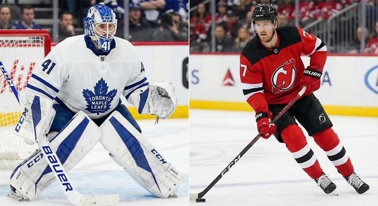 A split photograph shows two NHL players on the ice. On the left side, a Toronto Maple Leafs goaltender wearing a white jersey with the number 41 is in a butterfly stance in front of the net. On the right side, a New Jersey Devils skater wearing a red jersey with the number 7 is skating with the puck.