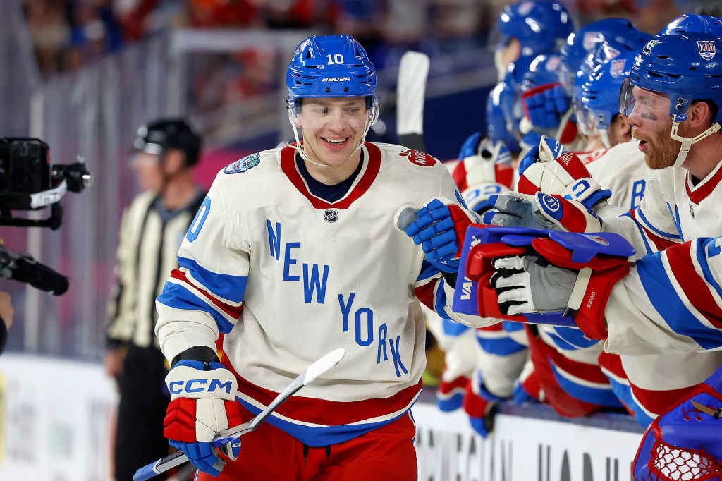 Artemi Panarin of the New York Rangers celebrates with teammates during the 2026 Discover NHL Winter Classic.