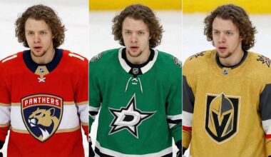 A three-panel split photograph showing NHL forward Artemi Panarin wearing different team jerseys. On the left panel, he wears a red Florida Panthers home jersey; in the center panel, a green Dallas Stars home jersey; and on the right panel, a gold Vegas Golden Knights home jersey. He has a similar focused expression in all three images against an ice rink background.