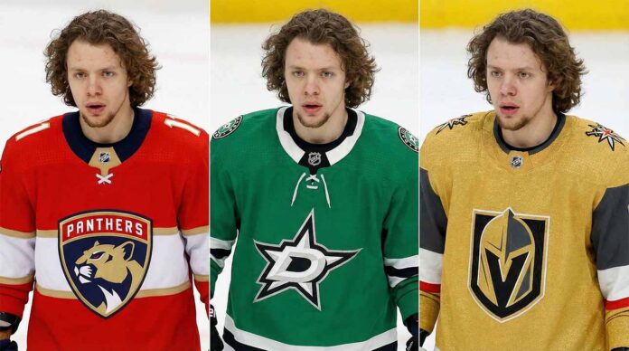 A three-panel split photograph showing NHL forward Artemi Panarin wearing different team jerseys. On the left panel, he wears a red Florida Panthers home jersey; in the center panel, a green Dallas Stars home jersey; and on the right panel, a gold Vegas Golden Knights home jersey. He has a similar focused expression in all three images against an ice rink background.