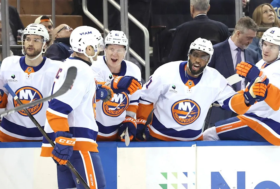 New York Islanders defenseman Carson Soucy is greeted by his teammates on the bench after he scores a goal during the second period on Jan. 29, 2026. Charles Wenzelberg / New York Post
