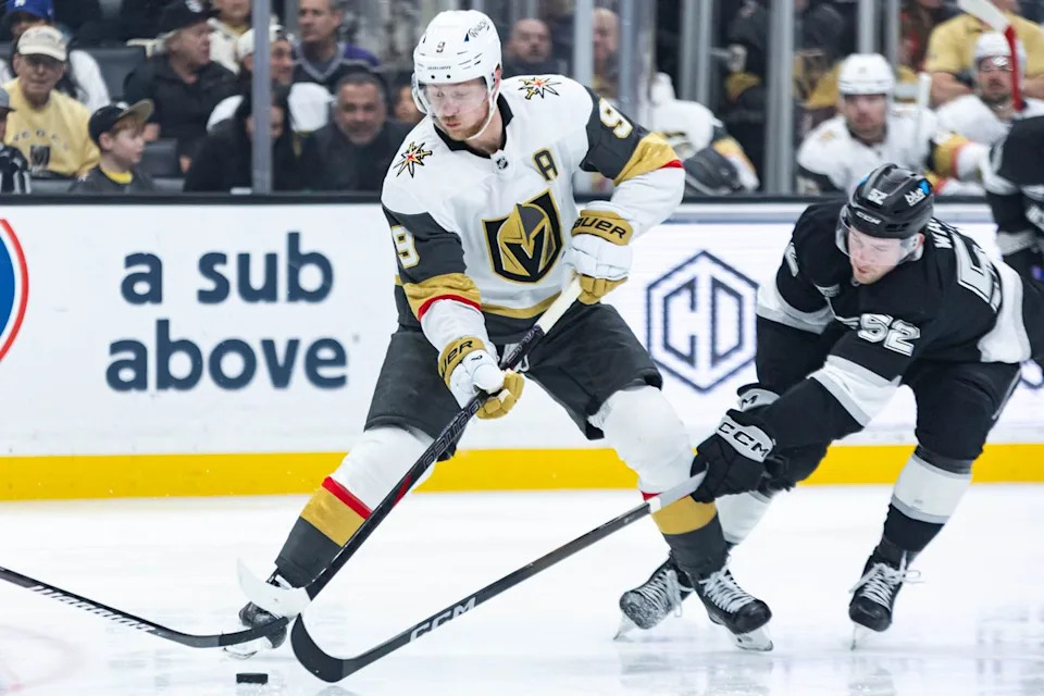 Vegas Golden Knights center Jack Eichel (9) defends the puck during an NHL match against the Los Angeles Kings on January 14, 2025 in Los Angeles, Calif.