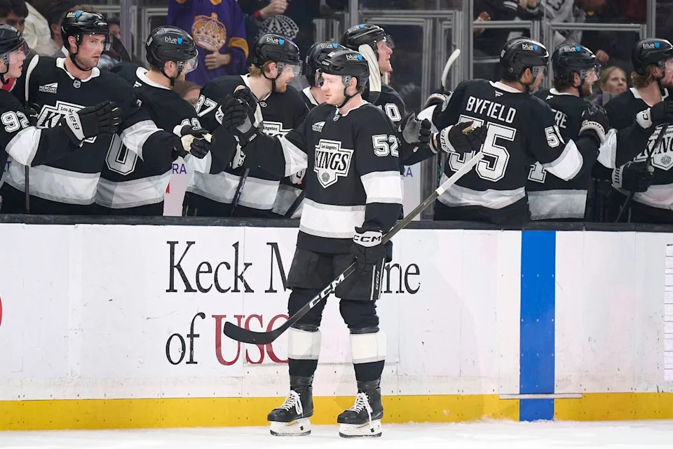 The Los Angeles Kings right wing Taylor Ward (52) celebrates a goal against the New York Rangers at the Crypto Arena on January 20th, 2026 in Los Angeles California.