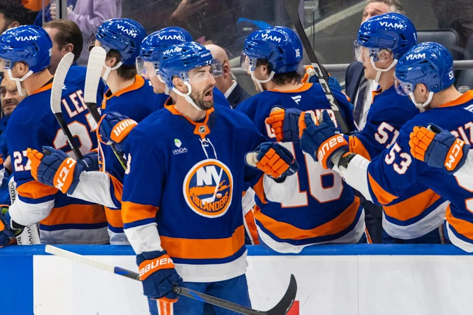 Adam Pelech (3) celebrates his goal during the second period against the Toronto Maple Leafs at UBS Arena, Saturday, Jan. 3, 2026, in Elmont, NY. Corey Sipkin for the NY POST