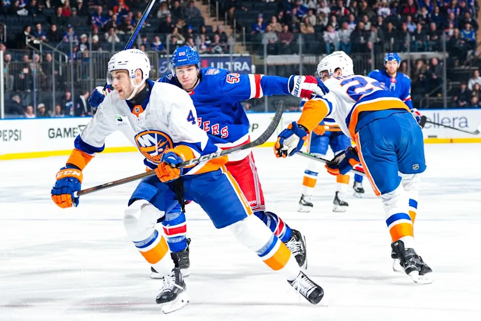 Will Cuylle of the New York Rangers skates against Carson Soucy of the New York Islanders at Madison Square Garden on January 29, 2026. NHLI via Getty Images