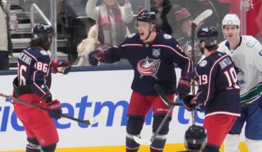 Columbus Blue Jackets center Charlie Coyle, center, celebrates his goal with teammates Kirill Marchenko (86), Adam Fantilli (19) and Zach Werenski (8) in front of Vancouver Canucks defenseman Tyler Myers (57) in the first period of an NHL hockey game Thursday, Jan. 15, 2026, in Columbus, Ohio. (AP Photo/Sue Ogrocki)