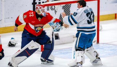 Florida Panthers goaltender Sergei Bobrovsky (72) and San Jose Sharks goaltender Alex Nedeljkovic (33) throw down
