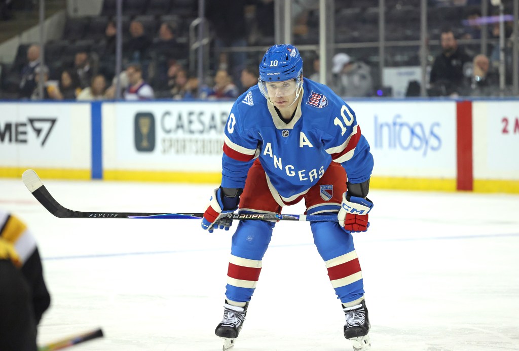 New York Rangers left wing Artemi Panarin #10 waits for the puck to drop during the third period.