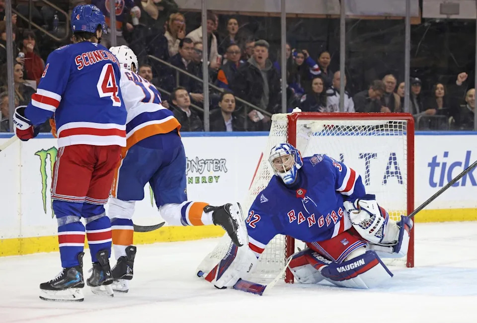 New York Rangers goaltender Jonathan Quick reacts after giving up a goal to New York Islanders defenseman Carson Soucy during the second period on Jan 29, 2026. Charles Wenzelberg / New York Post
