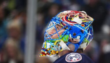 Columbus Blue Jackets goaltender Elvis Merzlikins reacts after giving up a goal to the Colorado Avalanche in the first period of an NHL hockey game Saturday, Jan. 10, 2026, in Denver. (AP Photo/David Zalubowski)