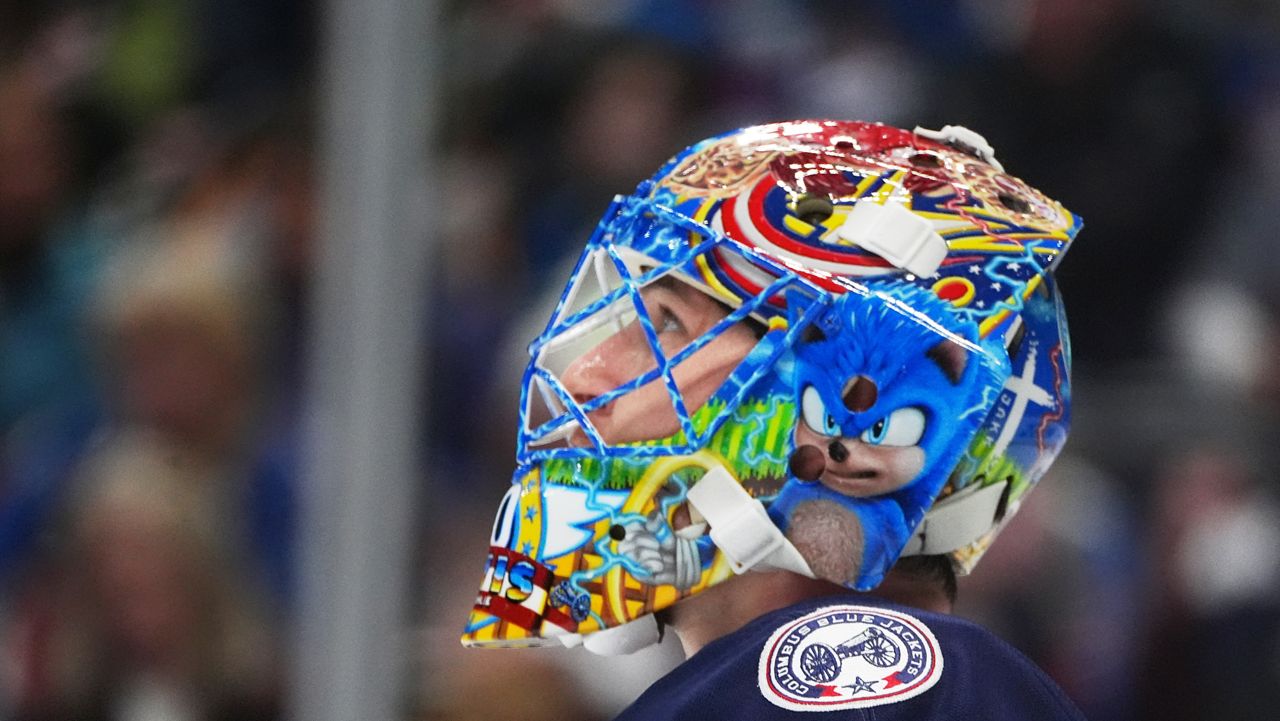 Columbus Blue Jackets goaltender Elvis Merzlikins reacts after giving up a goal to the Colorado Avalanche in the first period of an NHL hockey game Saturday, Jan. 10, 2026, in Denver. (AP Photo/David Zalubowski)