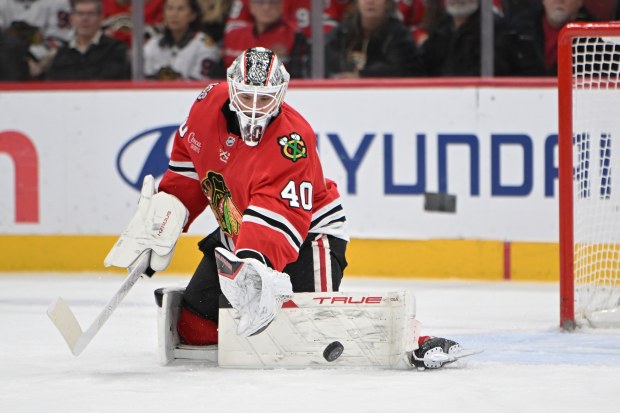 Chicago Blackhawks goalie Arvid Söderblom makes a save during the first period against the Vegas Golden Knights, Sunday, Jan. 4, 2026, at the United Center. (AP Photo/Paul Beaty)