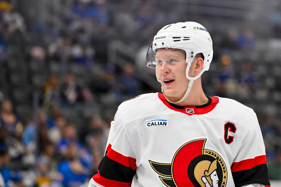Ottawa Senators left wing Brady Tkachuk (7) looks on during a stoppage of play.Jeff Curry-Imagn Images