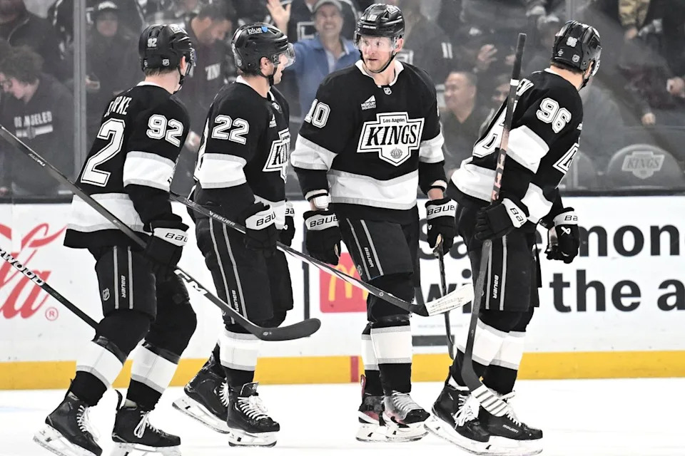 The Los Angeles Kings celebrate a goal against the lightning at the Crypto Arena on January 1st, 2026 in Los Angeles  California.