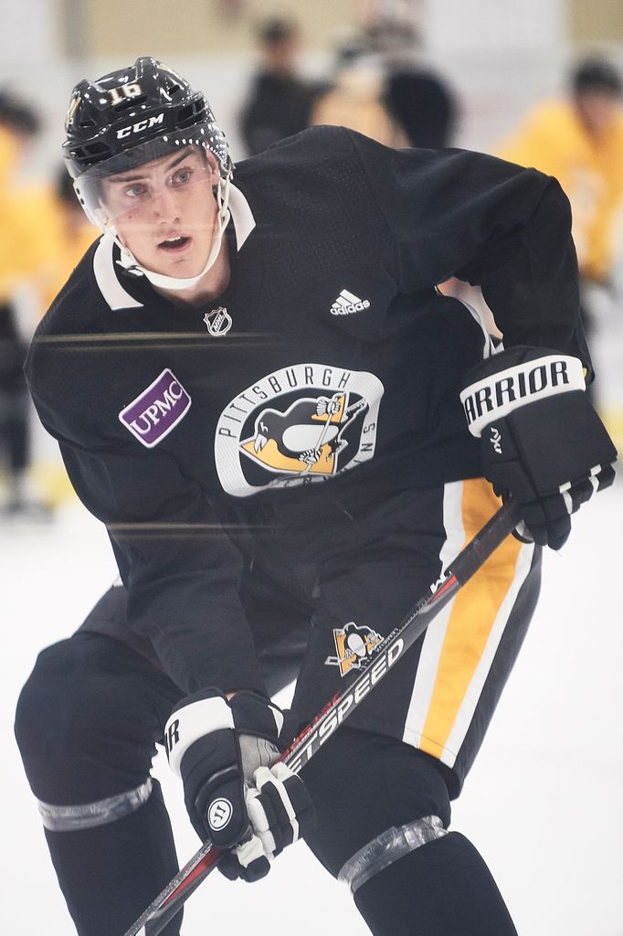 CRANBERRY, PA - JUNE 26: Pittsburgh Penguins Prospect Forward Austin Lemieux (16) during the Pittsburgh Penguins development camp on June 26, 2019 at the UPMC Lemieux Sports Complex in Cranberry, PA. (Photo by Shelley Lipton/Icon Sportswire via Getty Images)