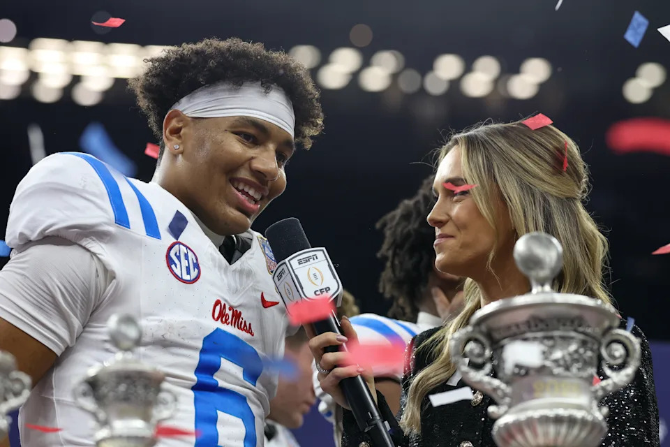 Trinidad Chambliss is interviewed after leading Ole Miss to victory in the Sugar Bowl. (David Buono/Icon Sportswire via Getty Images)