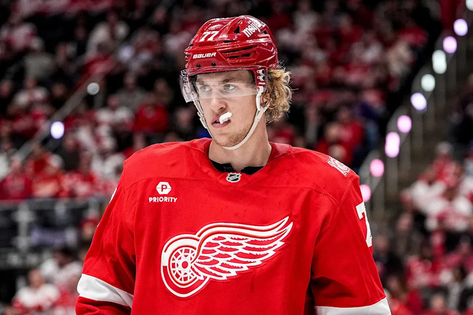 Detroit Red Wings defenseman Simon Edvinsson (77) looks on after a play against Carolina Hurricanes during the second period at Little Caesars Arena in Detroit on Monday, Jan. 12, 2026.