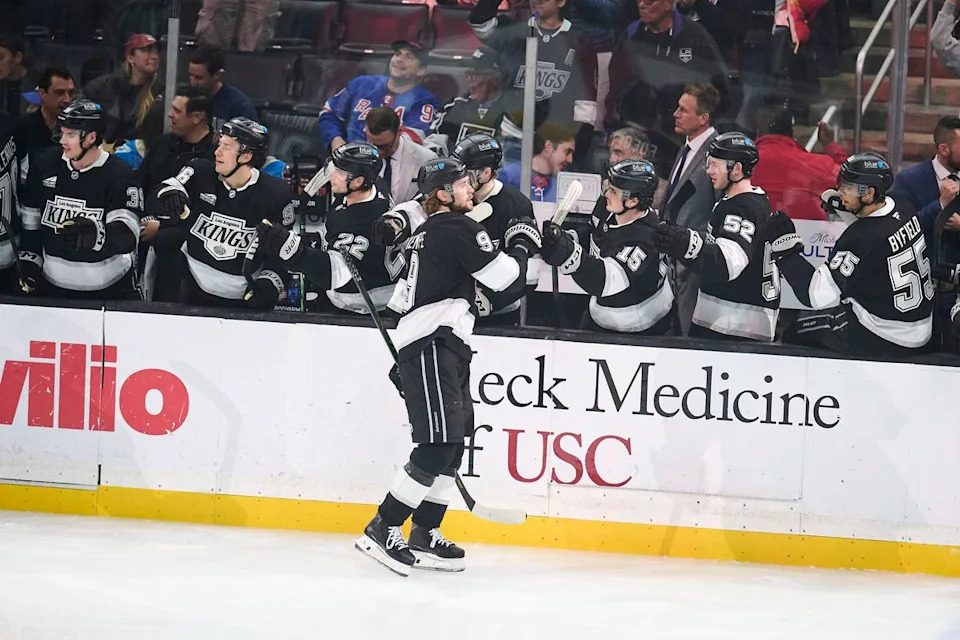 The Los Angeles Kings center Adrian Kempe (9) celebrates a goal against the New York Rangers at the Crypto Arena on January 20th, 2026 in Los Angeles California.