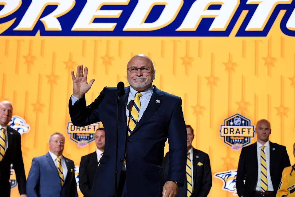 Jun 28, 2023; Nashville, Tennessee, USA; Nashville Predators incoming general manager Barry Trotz announces the twenty fourth pick in round one of the 2023 NHL Draft at Bridgestone Arena. Mandatory Credit: Christopher Hanewinckel-Imagn Images