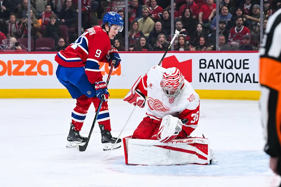 Detroit Red Wings goalie John Gibson (36) makes a save against Montreal Canadiens center Oliver Kapanen (91) during the first period at Bell Centre in Montreal on Saturday, Jan. 10, 2026.