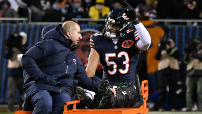 Jan 10, 2026; Chicago, IL, USA; in Chicago Bears linebacker T.J. Edwards (53) waves after he got injured during an NFC Wild Card Round game against the Green Bay Packers at Soldier Field.