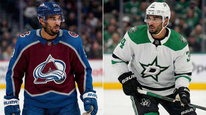 A split-screen composite photograph showing NHL forward Evander Kane. On the left side, he is depicted wearing a burgundy Colorado Avalanche home uniform with a blue helmet. On the right side, he is depicted wearing a white Dallas Stars away uniform with a white helmet, holding a hockey stick.