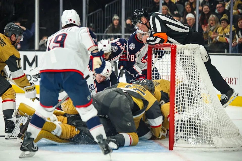 Multiple players for the Vegas Golden Knights and Columbus Blue Jackets battle for the puck in the crease on Thursday January 8, 2026, in Las Vegas, Nevada.