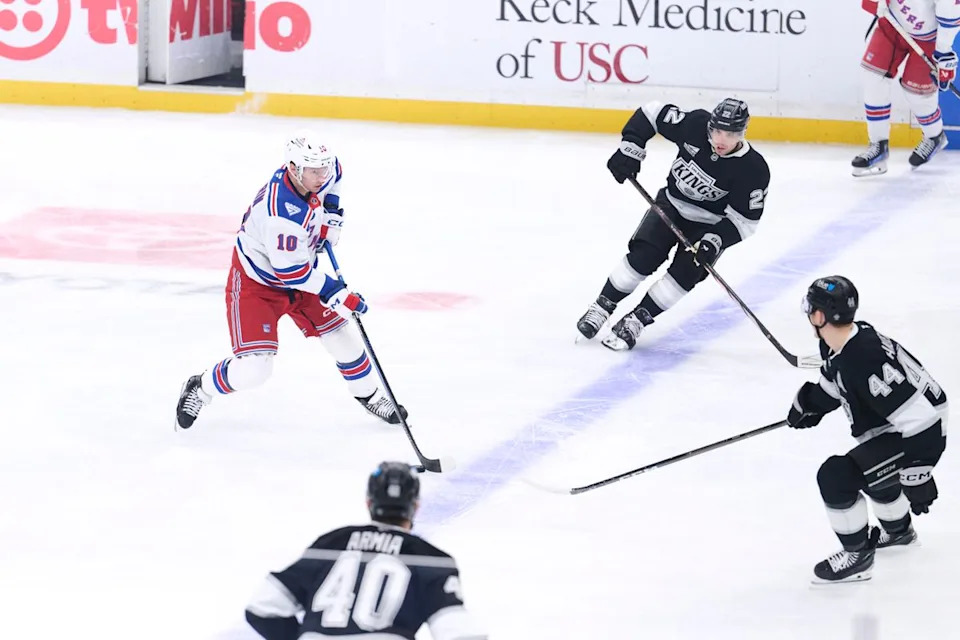 The Los Angeles Kings defender Mikey Anderson (44) left wing Kevin Fiala (22) right wing Joel Armia (40) play defense against the New York Rangers at the Crypto Arena on January 20th, 2026 in Los Angeles California.