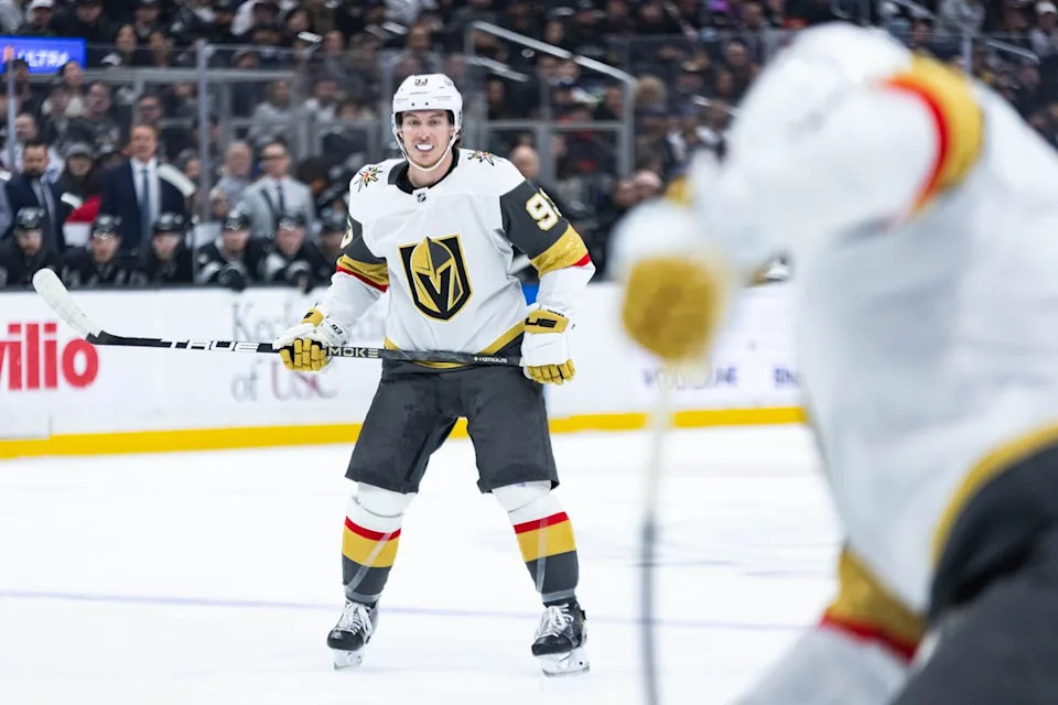 Vegas Golden Knights center Jack Eichel (9) watches as a shot is being attempted during an NHL match against the Los Angeles Kings on January 14, 2025 in Los Angeles, Calif.