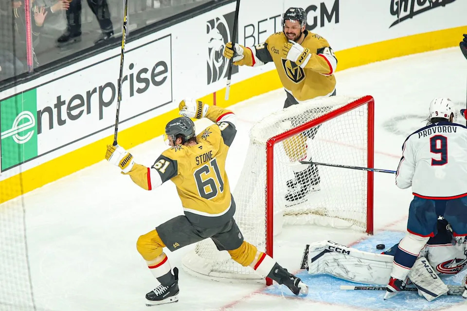Vegas Golden Knights F Mark Stone (61) celebrates after scoring a goal against the Columbus Blue Jackets on Thursday January 8, 2026, in Las Vegas, Nevada.