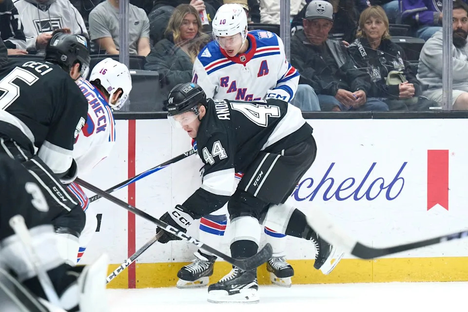 The Los Angeles Kings defender Mikey Anderson (44) plays defense against the New York Rangers at the Crypto Arena on January 20th, 2026 in Los Angeles California.