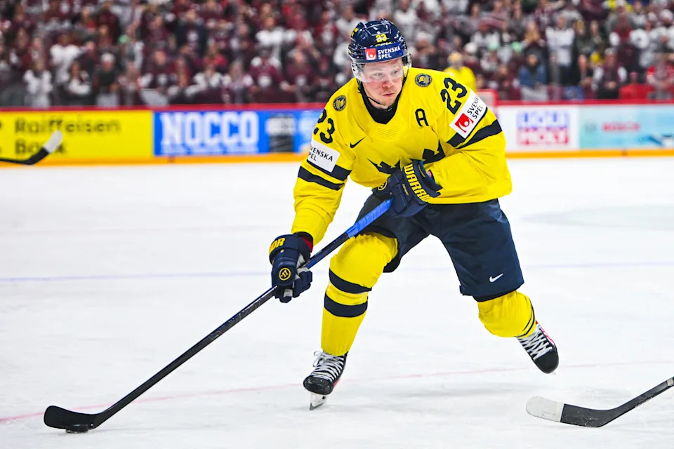 Sweden forward Lucas Raymond controls the puck during the IIHF Men's Ice hockey World Championship match between Latvia and Sweden in Stockholm, on May 14, 2025.