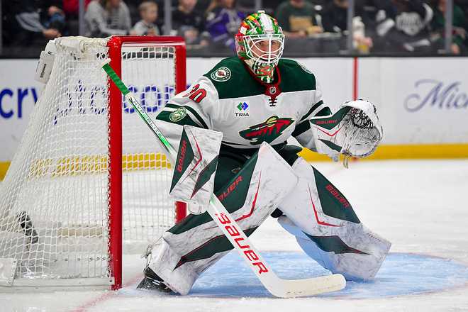 Minnesota Wild v Los Angeles Kings LOS ANGELES, CA - JANUARY 3: Jesper Wallstedt #30 of the Minnesota Wild protects the goal during the first period against the Los Angeles Kings at Crypto.com Arena on January 3, 2026 in Los Angeles, California. (Photo by Gary A. Vasquez/NHLI via Getty Images)