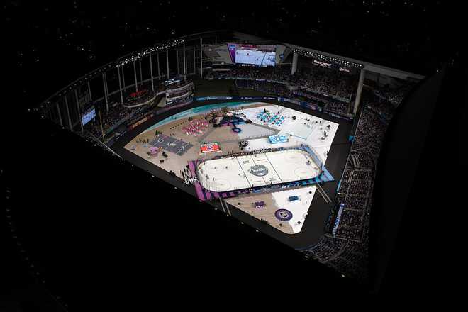 MIAMI, FLORIDA - JANUARY 02: In this aerial view, a general exterior overview of loanDepot Park is seen during the second period of the 2026 Discover NHL Winter Classic game between the New York Rangers and the Florida Panthers on January 02, 2026 in Miami, Florida. (Photo by JayByrd Films/NHLI via Getty Images)