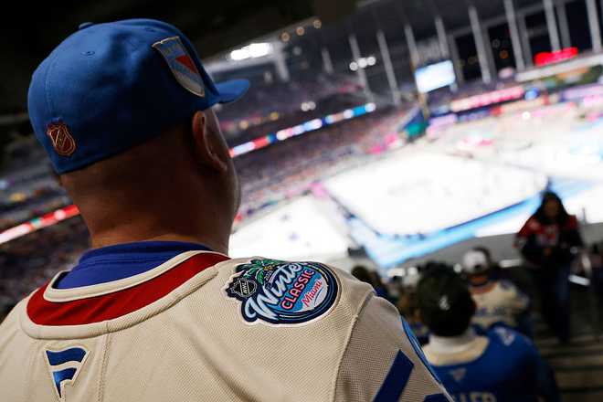 MIAMI, FLORIDA - JANUARY 02: A New York Rangers fan looks on during the 2026 Discover NHL Winter Classic game between the New York Rangers and the Florida Panthers at loanDepot Park on January 02, 2026 in Miami, Florida. (Photo by Jaylynn Nash/NHLI via Getty Images)