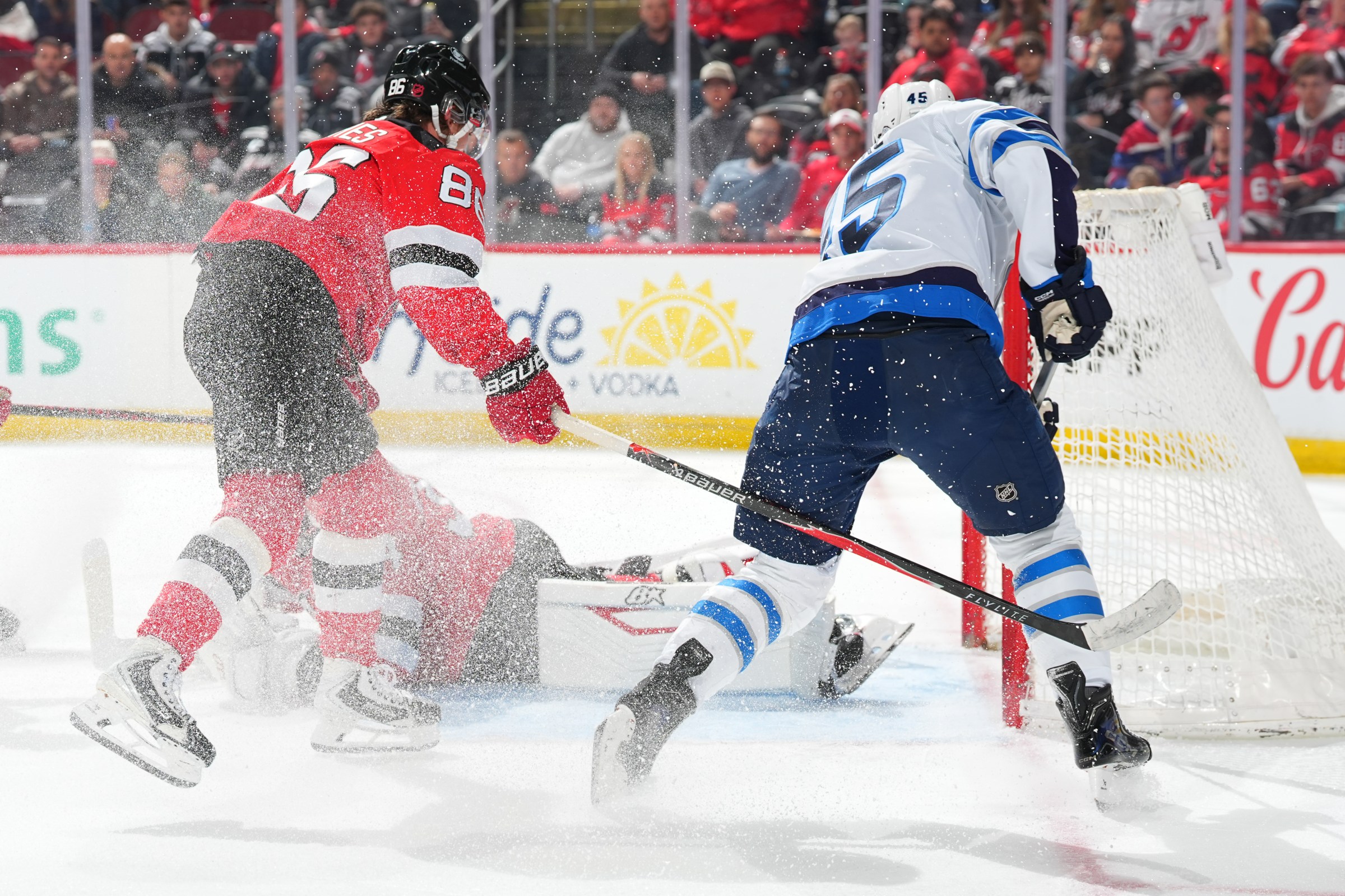 NEWARK, NJ - JANUARY 27: Cole Koepke #45 of the Winnipeg Jets shoots and scores during the second period of the game against the New Jersey Devils on January 27, 2026 at the Prudential Center in Newark, New Jersey. (Photo by Rich Graessle/NHLI via Getty Images)