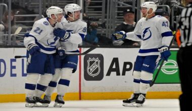 Tampa Bay Lightning center Brayden Point (21), Lightning center Gage Goncalves and Lightning defenseman Darren Raddysh (43) celebrate after a goal during the second period of an NHL hockey game against the Los Angeles Kings, Thursday, Jan. 1, 2026, in Los Angeles. (AP Photo/Jayne Kamin-Oncea)