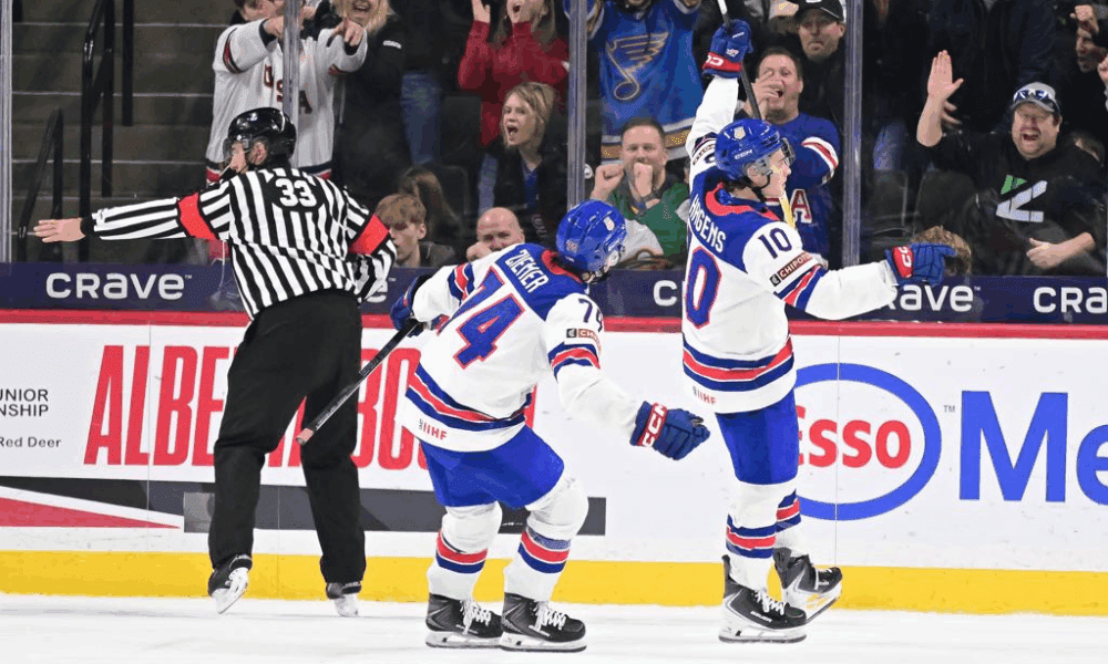 Bruins prospect James Hagens celebrating a goal at the IIHF World Junior Championships