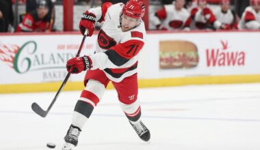 Carolina Hurricanes left wing Taylor Hall takes a shot in the first period of an NHL hockey game against the New Jersey Devils, Sunday, Jan. 4, 2026, in Newark, N.J. (AP Photo/Heather Khalifa)