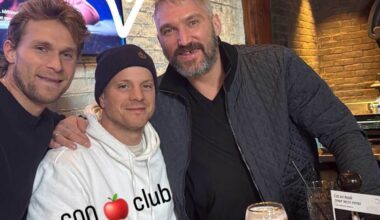 Alex Ovechkin and Capitals players celebrate John Carlson’s 600-assist milestone in Calgary