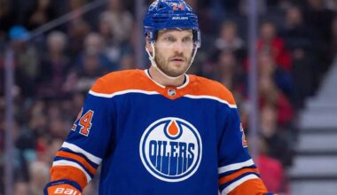 Concept images showing defenseman Jamie Oleksiak wearing Edmonton Oilers home jersey, illustrating a potential trade scenario.
