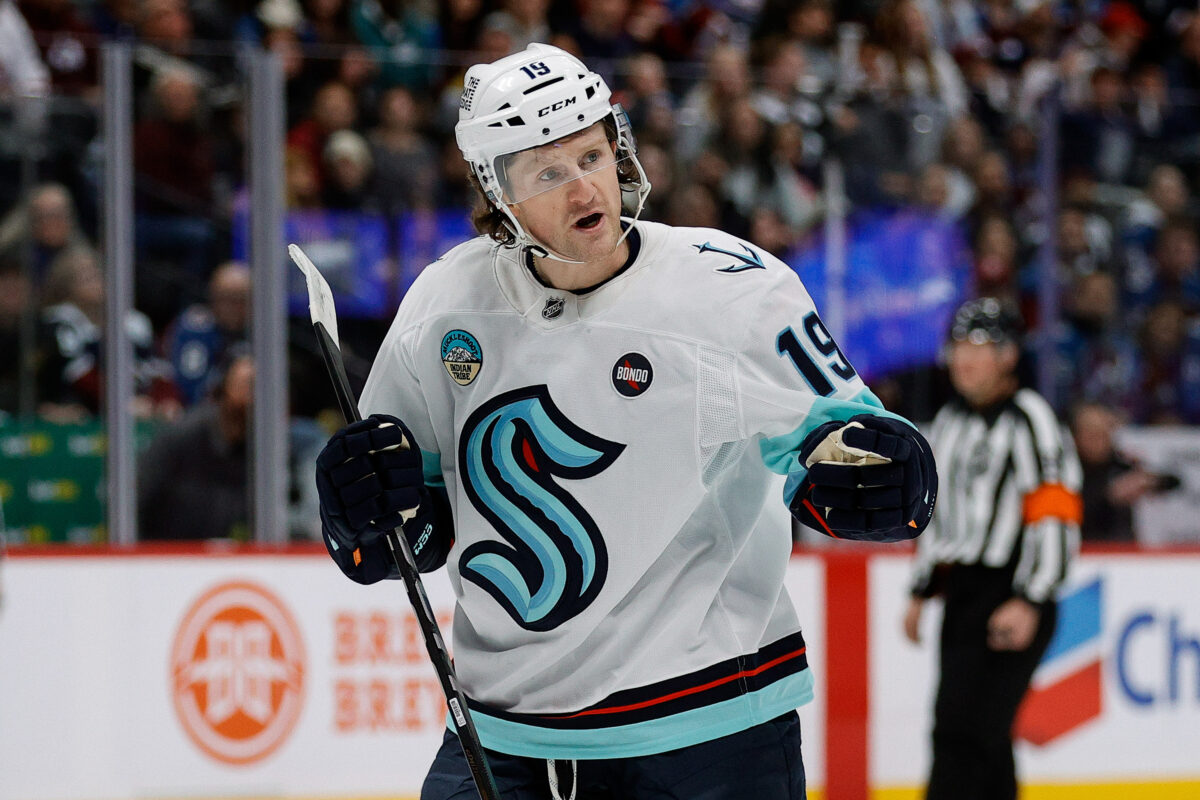 Dec 22, 2024; Denver, Colorado, USA; Seattle Kraken left wing Jared McCann (19) celebrates his goal in the first period against the Colorado Avalanche at Ball Arena. Mandatory Credit: Isaiah J. Downing-Imagn Images