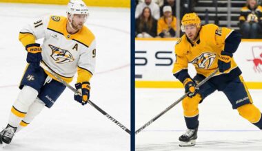 A split graphic featuring Nashville Predators forwards Steven Stamkos (left, in white away jersey) and Jonathan Marchessault (right, in yellow home jersey) skating on the ice during games.