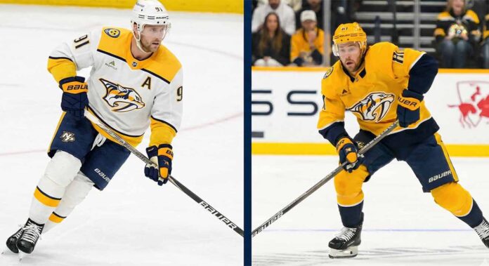 A split graphic featuring Nashville Predators forwards Steven Stamkos (left, in white away jersey) and Jonathan Marchessault (right, in yellow home jersey) skating on the ice during games.