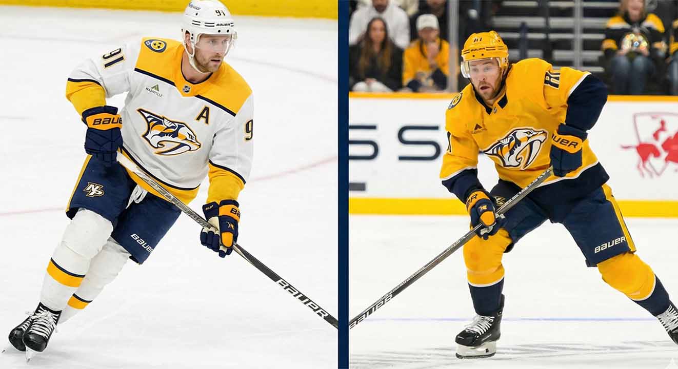 A split graphic featuring Nashville Predators forwards Steven Stamkos (left, in white away jersey) and Jonathan Marchessault (right, in yellow home jersey) skating on the ice during games.