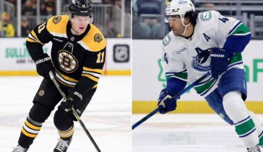 A vertical split-screen photograph comparing two NHL players skating with pucks during games. On the left side is Casey Mittelstadt wearing a black Boston Bruins uniform. On the right side is Kiefer Sherwood wearing a white Vancouver Canucks uniform.