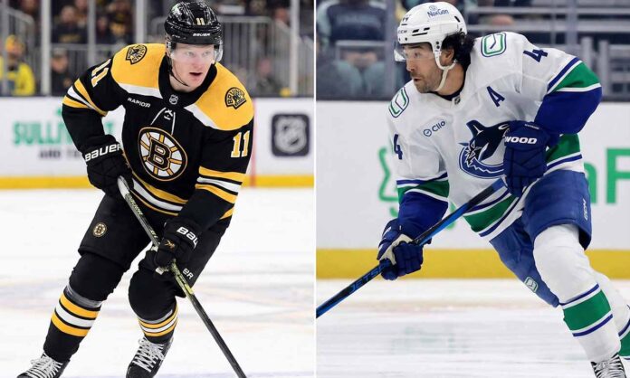 A vertical split-screen photograph comparing two NHL players skating with pucks during games. On the left side is Casey Mittelstadt wearing a black Boston Bruins uniform. On the right side is Kiefer Sherwood wearing a white Vancouver Canucks uniform.