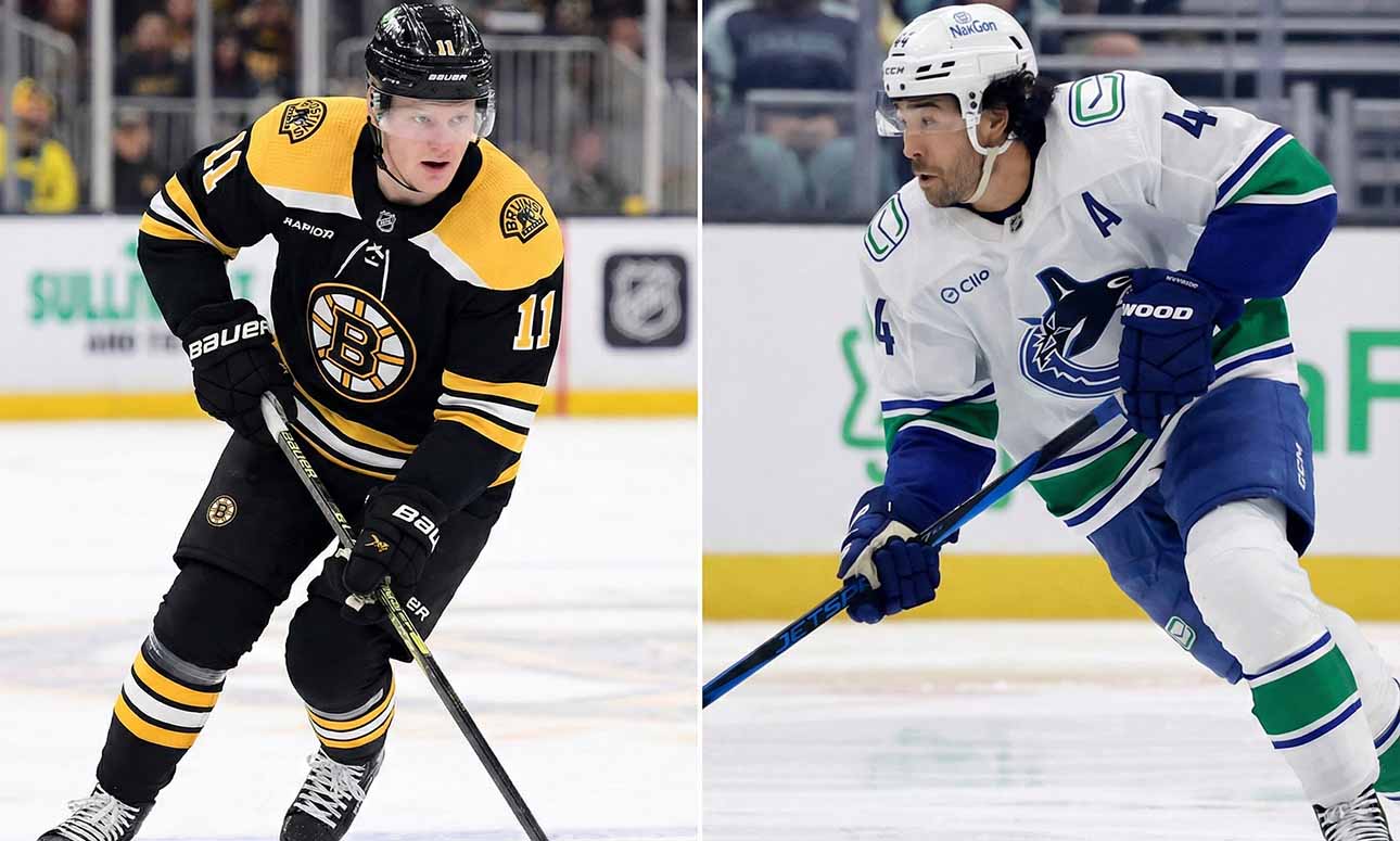 A vertical split-screen photograph comparing two NHL players skating with pucks during games. On the left side is Casey Mittelstadt wearing a black Boston Bruins uniform. On the right side is Kiefer Sherwood wearing a white Vancouver Canucks uniform.