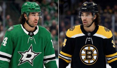 A split-panel photograph depicting NHL player Kiefer Sherwood. On the left side, he is wearing a green Dallas Stars jersey with the number 44 on the sleeve and a green helmet. On the right side, he is wearing a black Boston Bruins jersey with yellow trim, also showing the number 44 on the sleeve, and a black helmet.