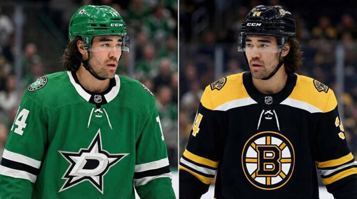 A split-panel photograph depicting NHL player Kiefer Sherwood. On the left side, he is wearing a green Dallas Stars jersey with the number 44 on the sleeve and a green helmet. On the right side, he is wearing a black Boston Bruins jersey with yellow trim, also showing the number 44 on the sleeve, and a black helmet.